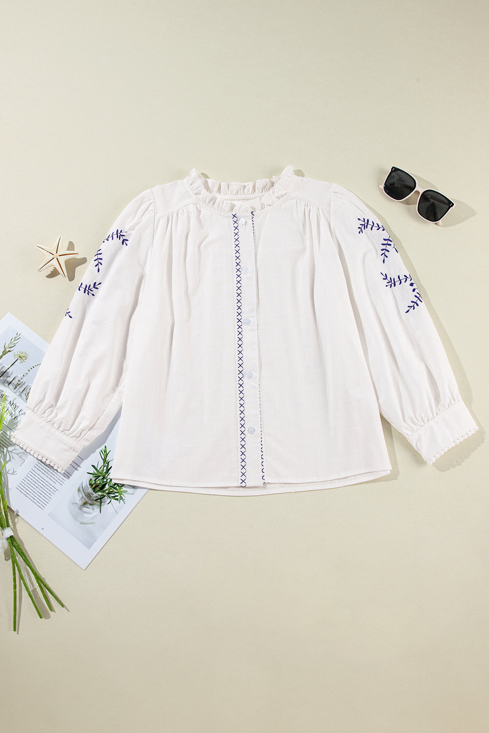 Floral Embroidered Bracelet Sleeve Shirt | White