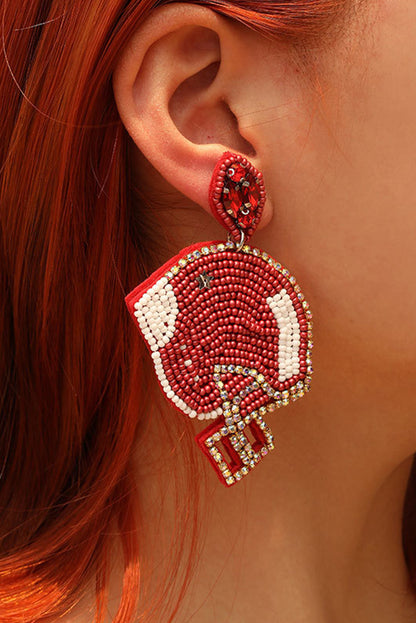 Game Day Rice Beaded Football Helmet Dangle Earrings | Fiery Red