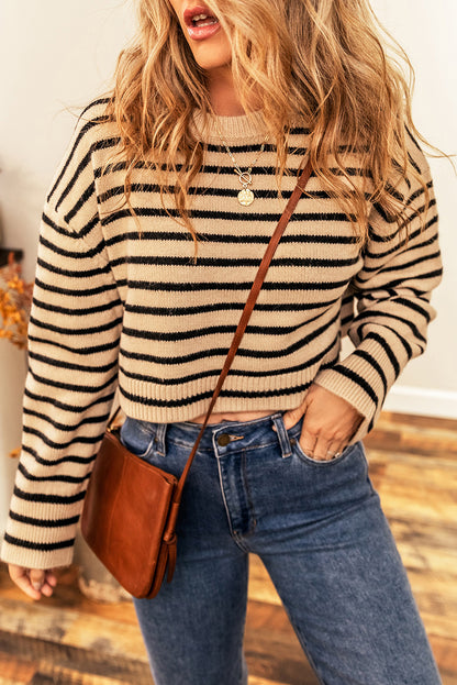 Striped Knit Drop Shoulder Crewneck Cropped Sweater | Light French Beige