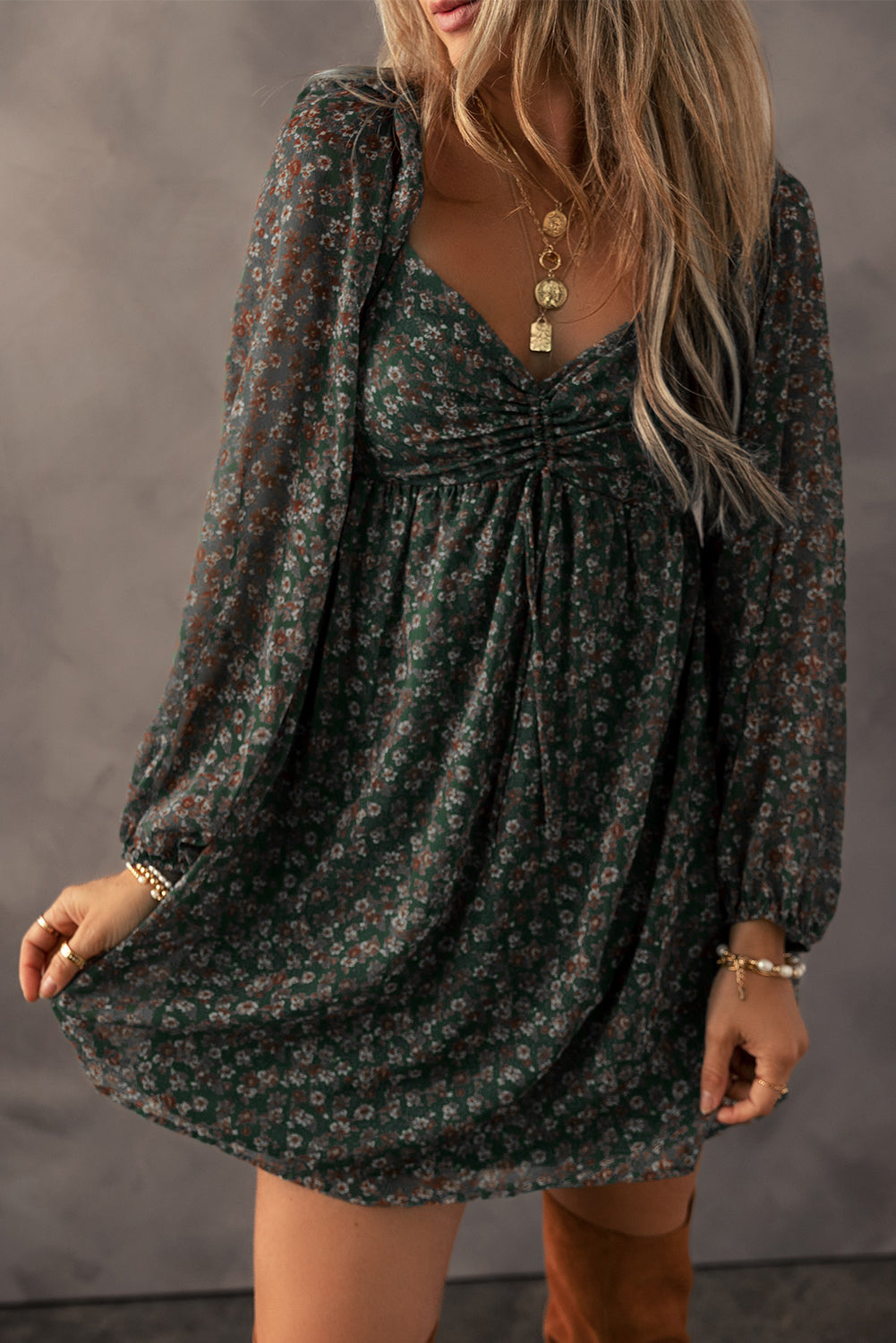 Floral Print Sweetheart Neck Shirred Back Mini Dress | Green