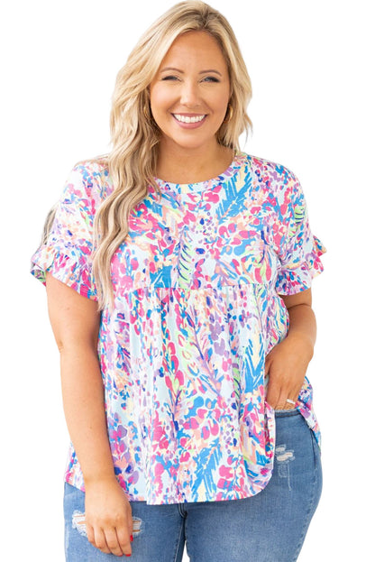 Vibrant Botanical Print Frill Short Sleeve Plus Size Top | Purple