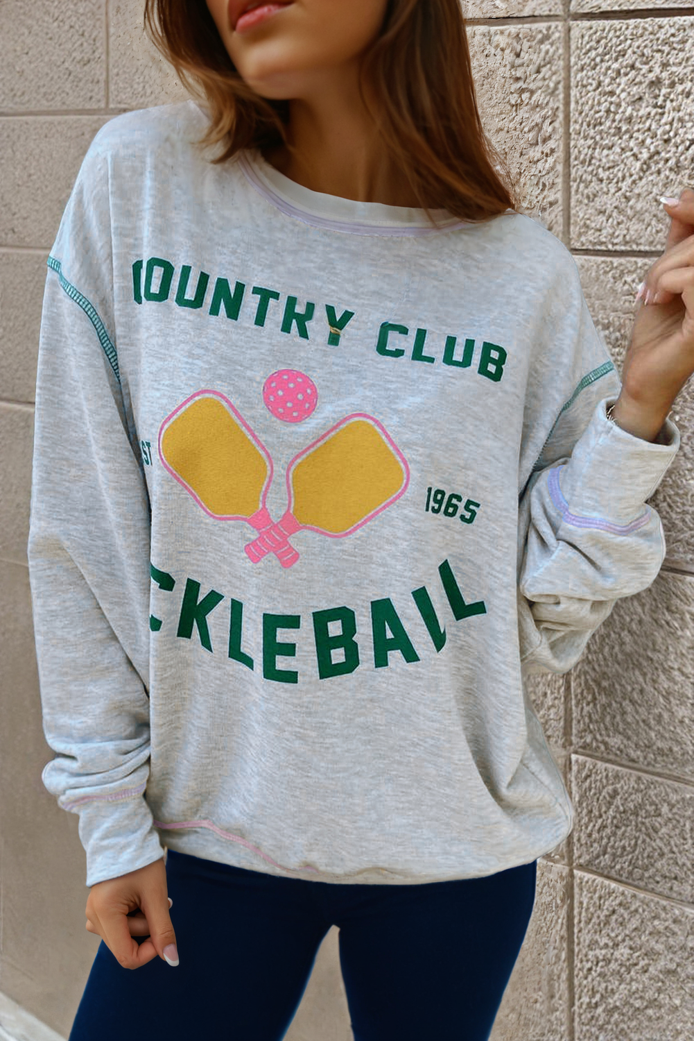 Country Club Pickleball Graphic Exposed Stitching Casual Sweatshirt | Light Grey