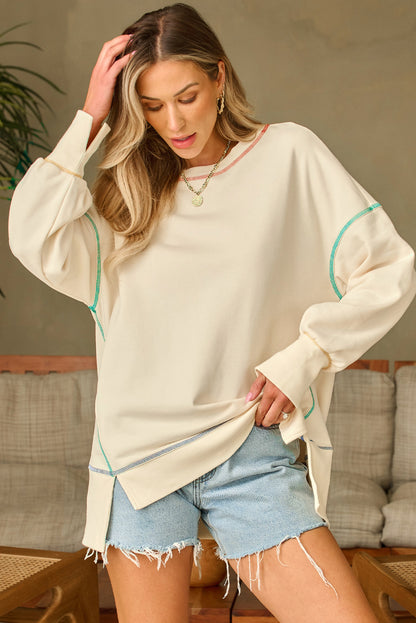 Contrast Stitching Split Baggy Sweatshirt | White