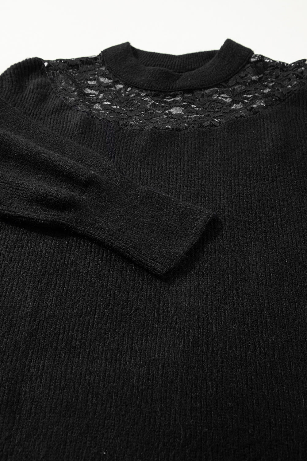 Plus Size Ribbed Knit Lace Splicing High Neck Sweater | Black