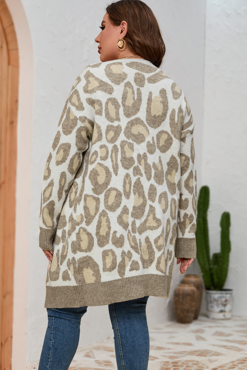 Plus Size Leopard Pattern Cardigan | Beige