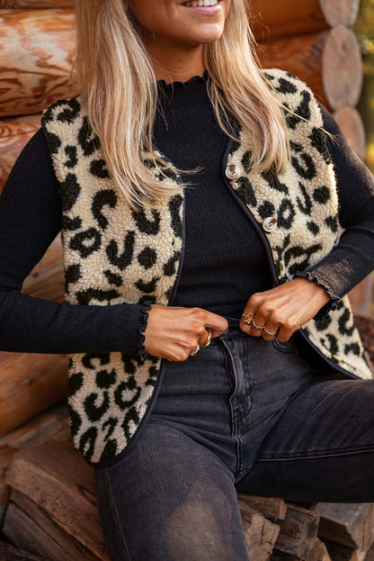 Leopard Print Sherpa Vest Coat | Black