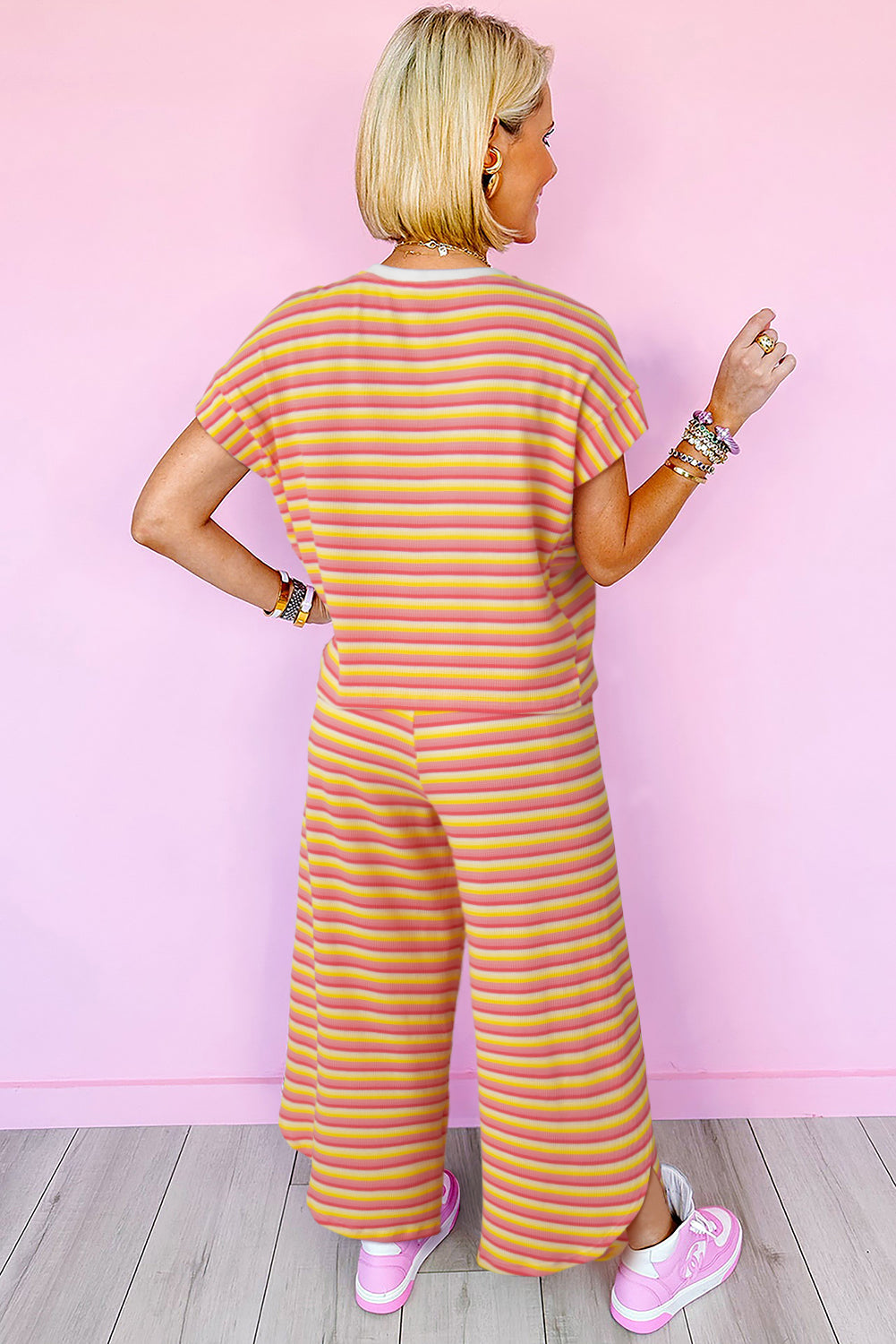 Rainbow Tee Tasseled String Wide Leg Pants Set | Yellow Stripe