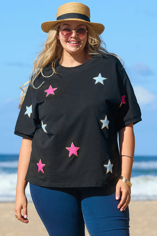 Black Sequin Chenille Star Pattern Plus Size Tee