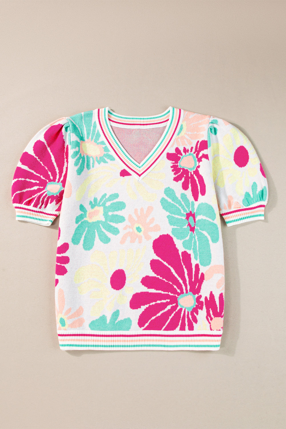 Floral Print V Neck Short Sleeve Sweater | Multicolour