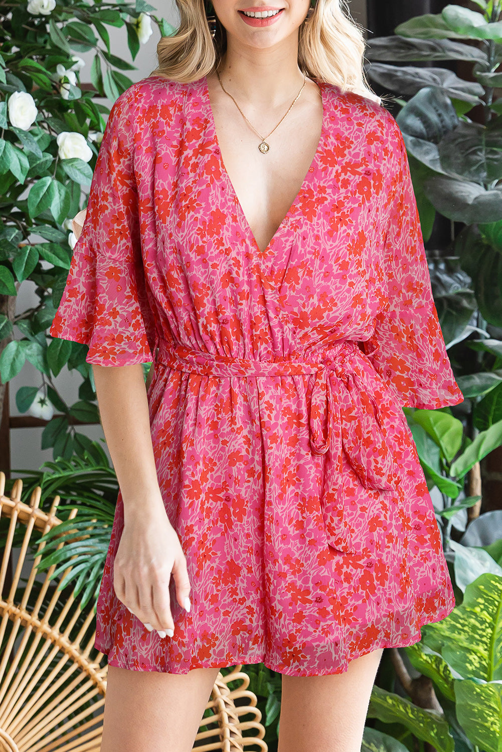 V Neck Ruffled Sleeve Floral Romper | Pink