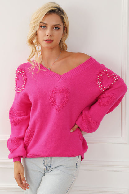 Pearl Embellished Fuzzy Hearts V Neck Sweater | Rose Red