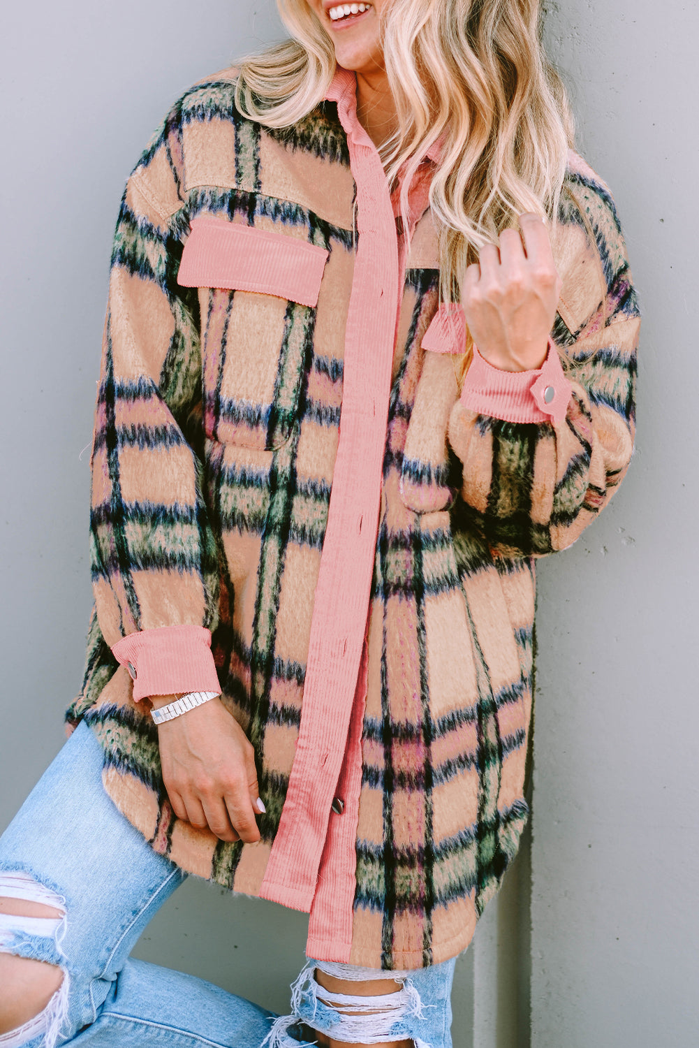 Fuzzy Plaid Corduroy Patchwork Shacket | Pink