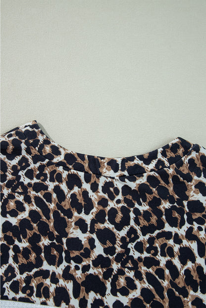 Leopard Waffle Knit Patchwork Button V Neck Top | White