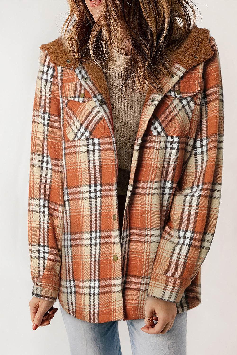 Orange Plaid Pattern Sherpa Lined Hooded Shacket