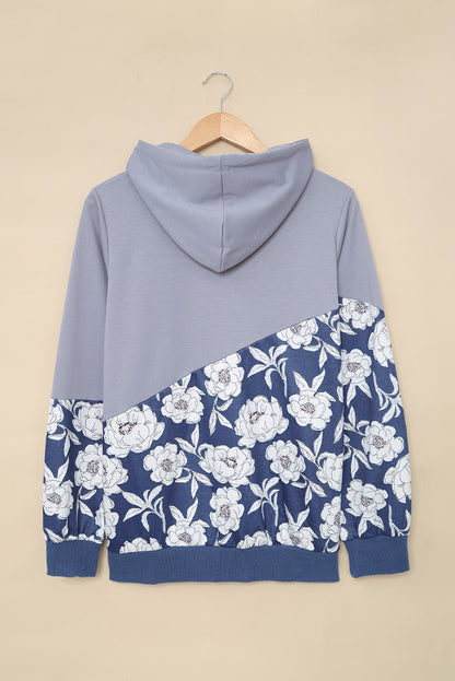 Floral Splicing Cowl Neck Hoodie | Gray