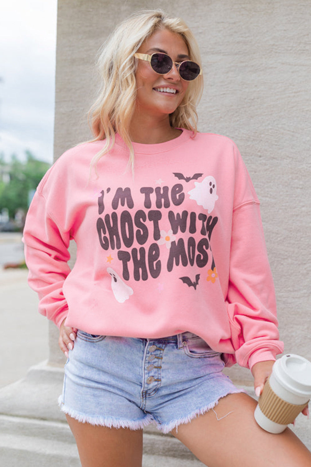 Halloween Slogan Ghost Bat Graphic Drop Shoulder Sweatshirt | Pink