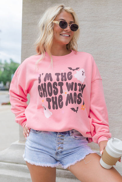 Halloween Slogan Ghost Bat Graphic Drop Shoulder Sweatshirt | Pink