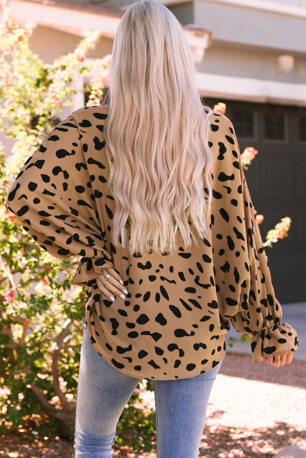 V Neck Ruffled Cuffs Loose Blouse | Leopard