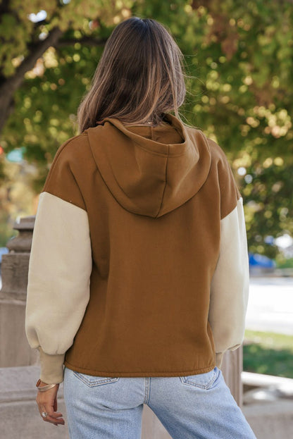 Colour Block Half Zip Kangaroo Pocketed Hoodie | Chestnut