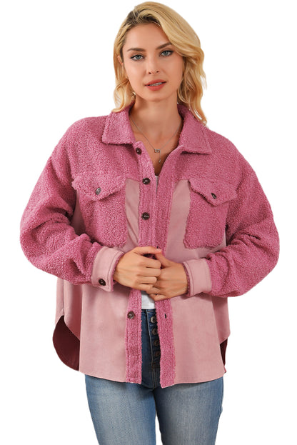 Colourblock Buttoned Flap Pocket Sherpa Shacket | Pink