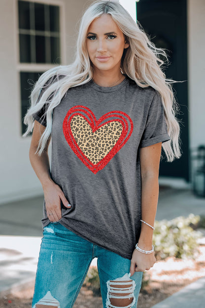 Sequin Leopard Heart Graphic T-Shirt | Gray