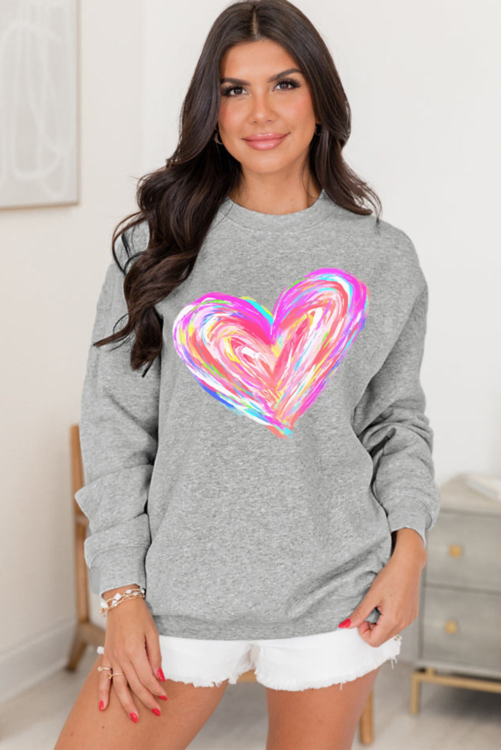 Valentines Brushwork Heart Graphic Drop Shoulder Sweatshirt | Gray