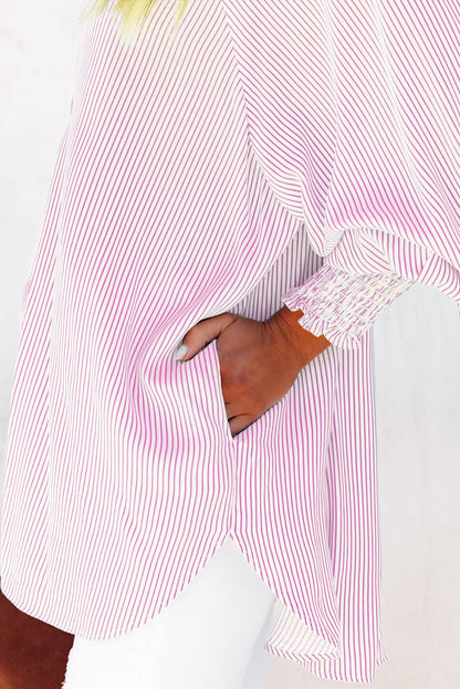 Smocked Cuffed Striped Boyfriend Shirt With Pocket | Pink