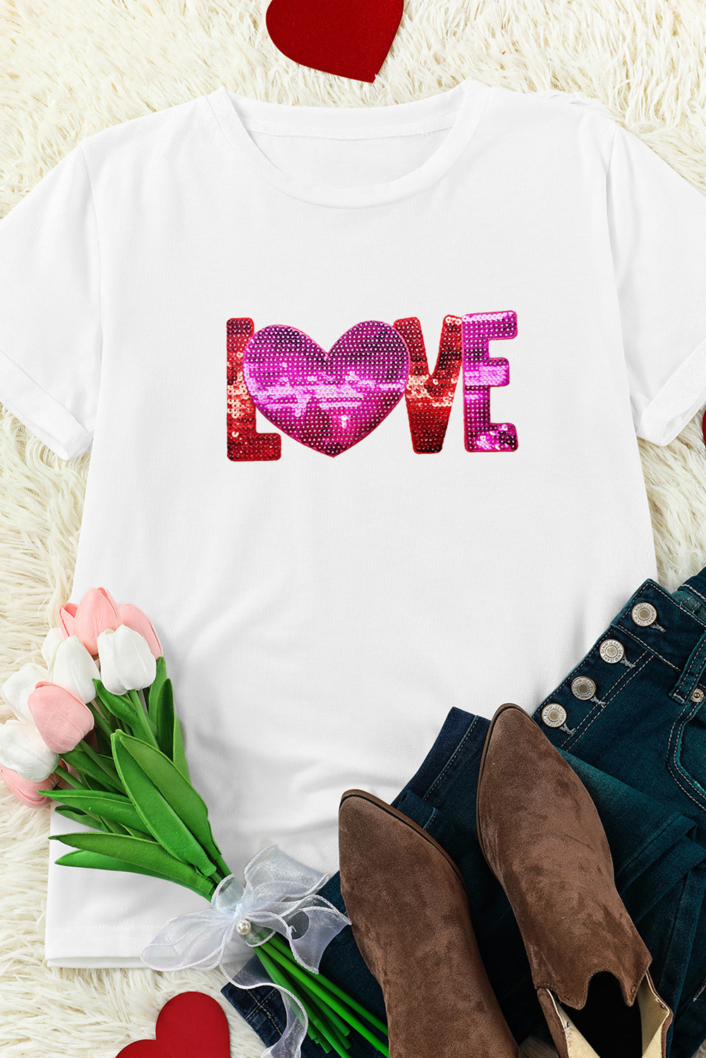 Heart Love Patched Pattern Crewneck Valentines T Shirt | White