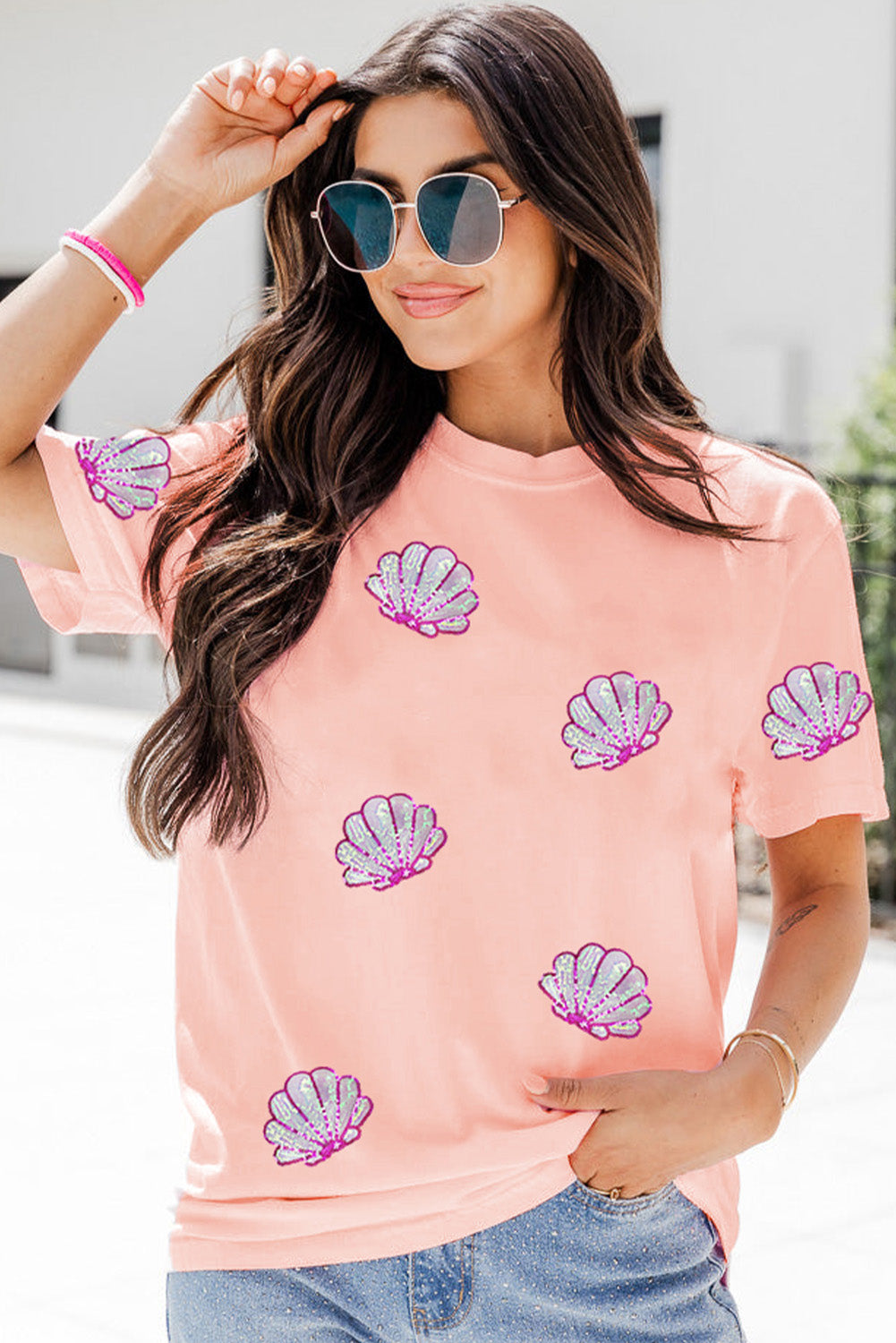 Sequin Shell Graphic Round Neck T Shirt | Pink