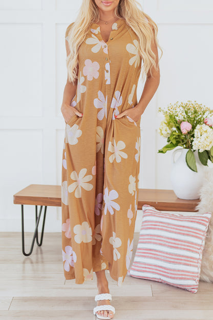 Floral Print Sleeveless Button Up Wide Leg Loose Jumpsuit | Khaki