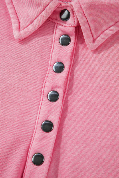 Solid Snap Buttons Collared Balloon Sleeve Oversized Sweatshirt | Pink