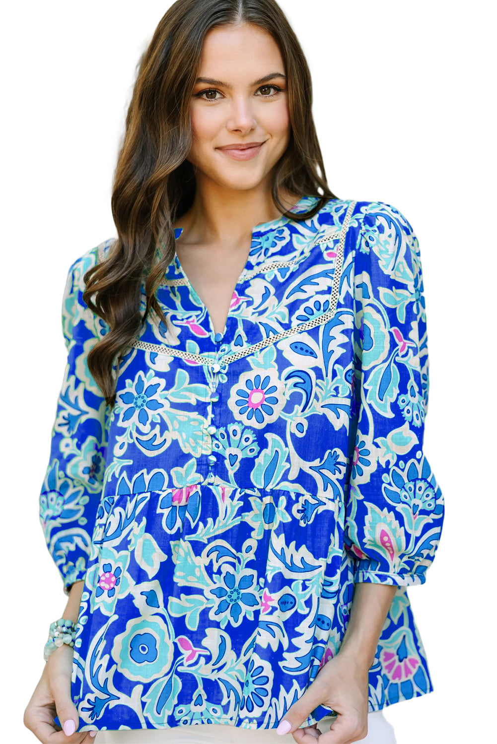 Mix Floral Printed Lace Detail Bracelet Sleeve Blouse | Blue