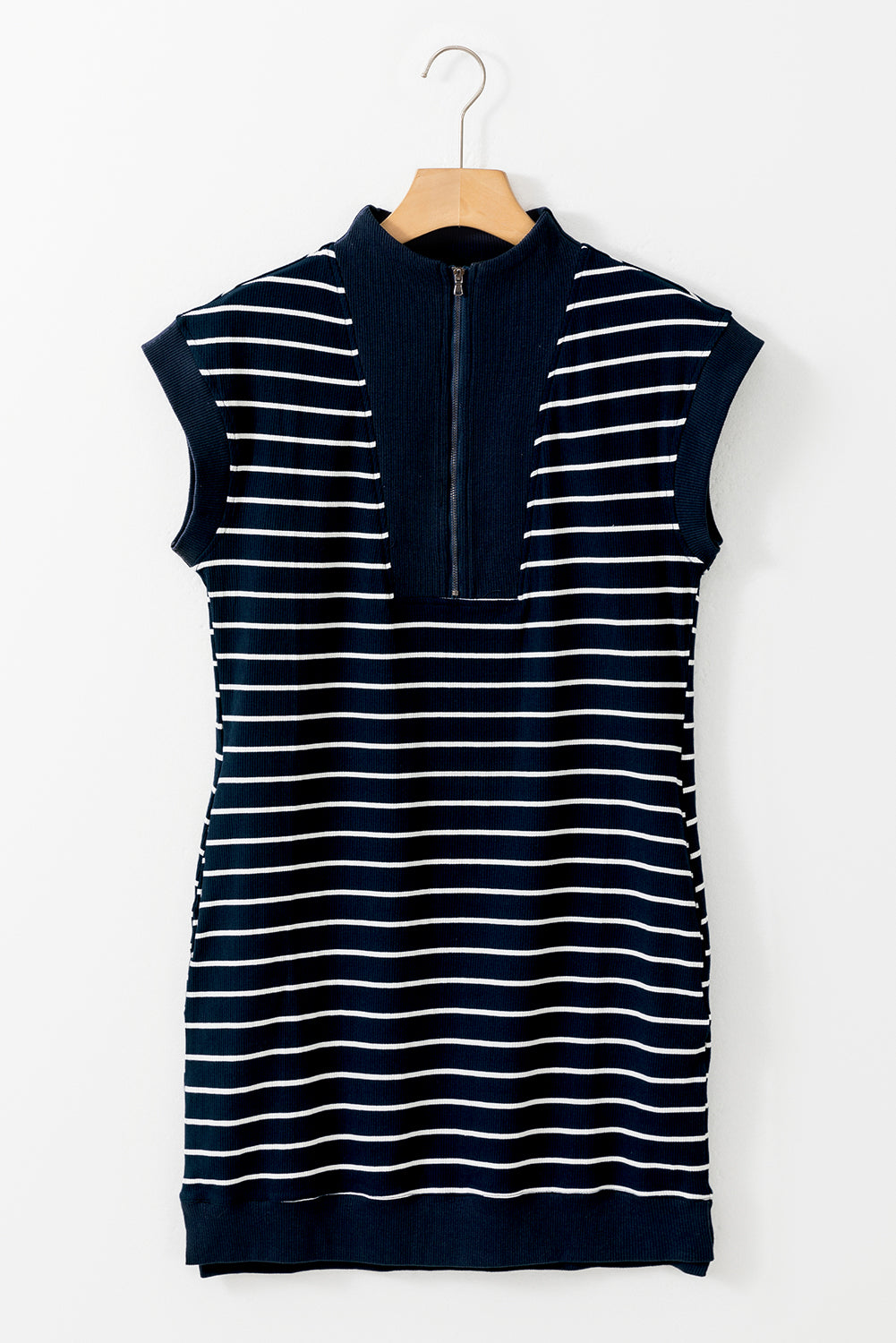 Quarter Zip Collared Cap Sleeve Mini Dress | Navy Blue