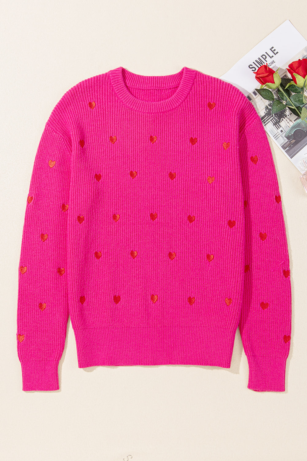 Heart Shape Drop Shoulder Round Neck Sweater | Rose Red