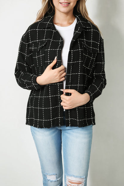 Contrast Lattice Textured Buttons Flap Pocket Shacket | Black