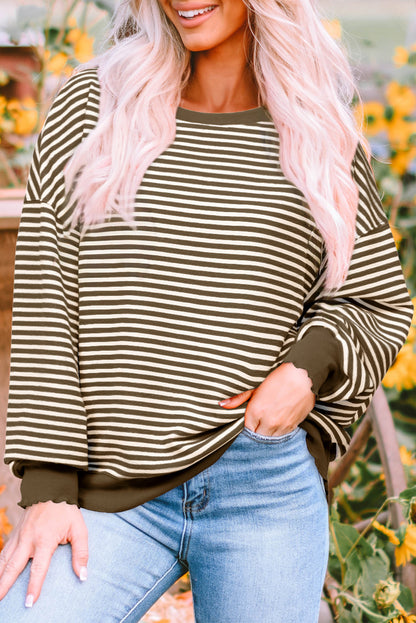 Loose Drop Shoulder Long Sleeve Top | Brown Stripe