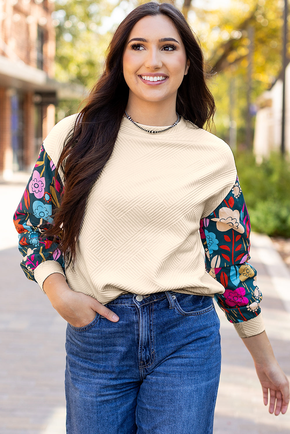 Contrast Floral Sleeve Textured Drop Shoulder Knit Top | White