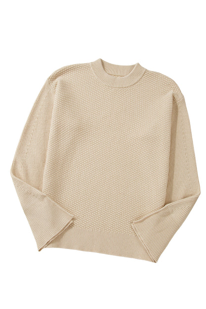 Solid Textured Knit Split Cuff Drop Shoulder Loose Sweater | Parchment