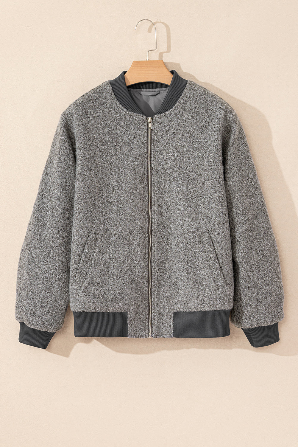 Fuzzy Zip Up Pocketed Sleeve Jacket | Medium Grey