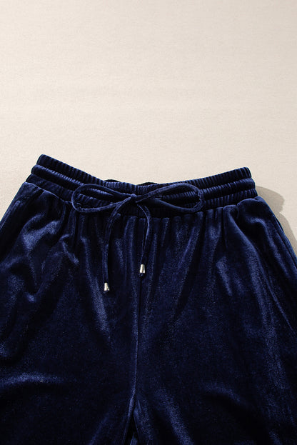 Solid Velvet Ruffled Two Piece Pants Set | Navy Blue