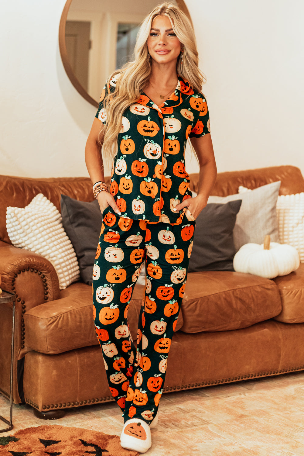 Halloween Pattern Short Sleeve Shirt Pajama Set | Orange