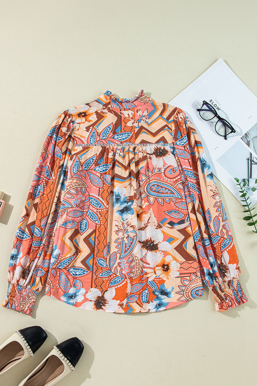 Floral Print Shirred Cuff Buttoned Loose Shirt | Orange