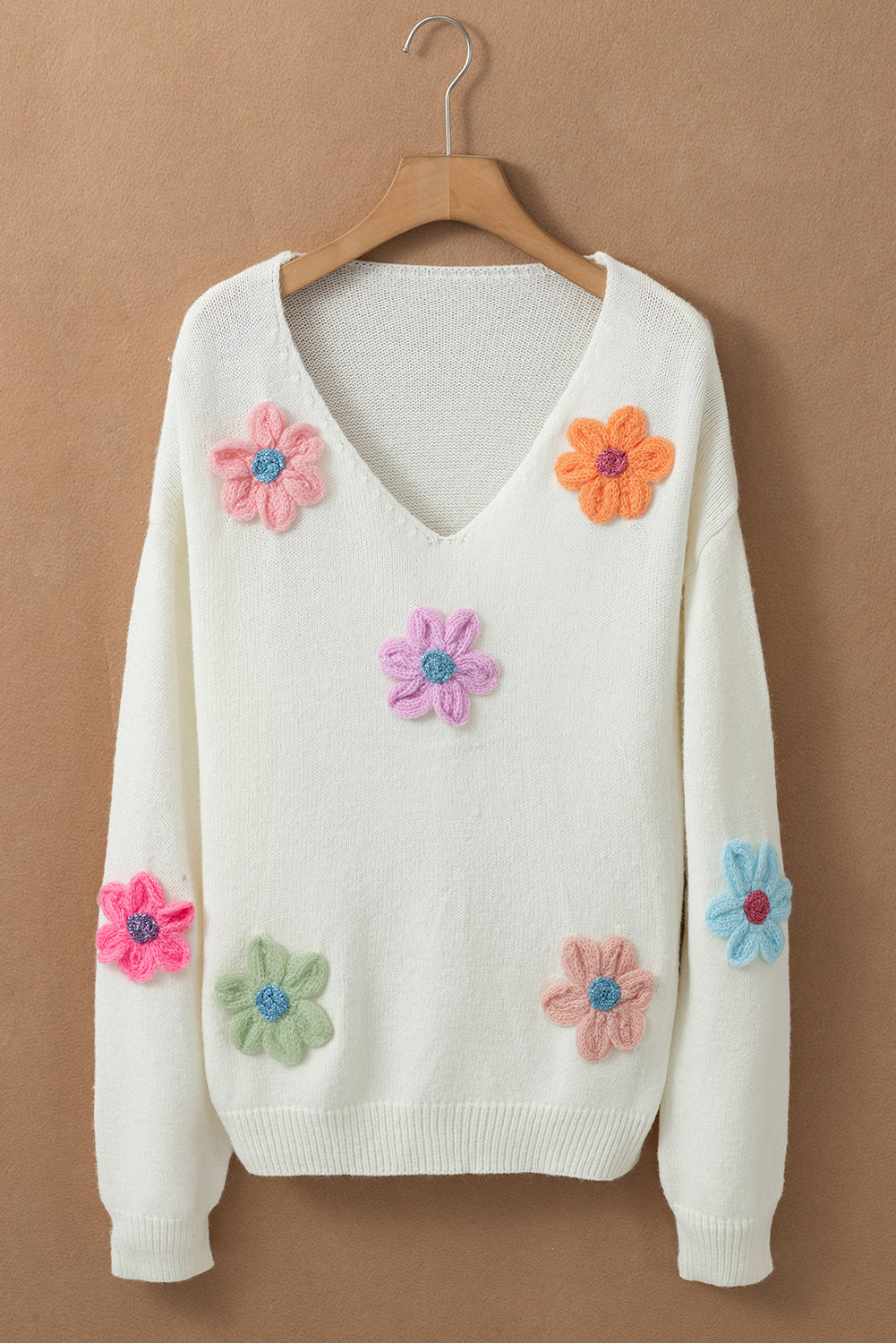 Crochet Flower V Neck Sweater | White