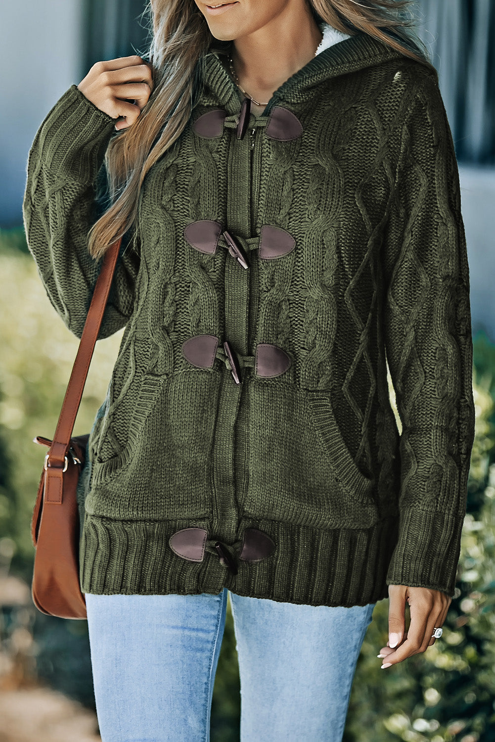 Army  Fur Hood Horn Button Sweater Cardigan | Green