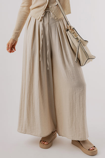 Drawstring Waist Pleated Wide Leg Casual Pants | Beige