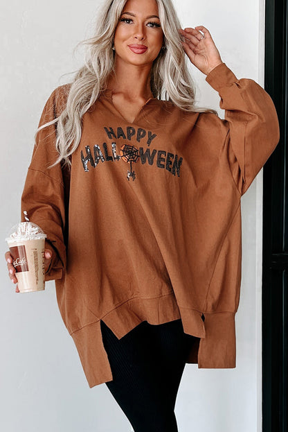 Sequin Happy Halloween Graphic Notched Neck Long Sleeve Loose Top | Chestnut