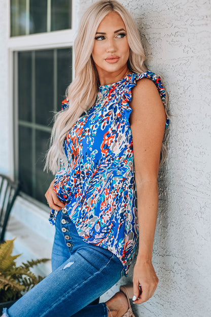 Floral Print Tank Top With Ruffles | Blue