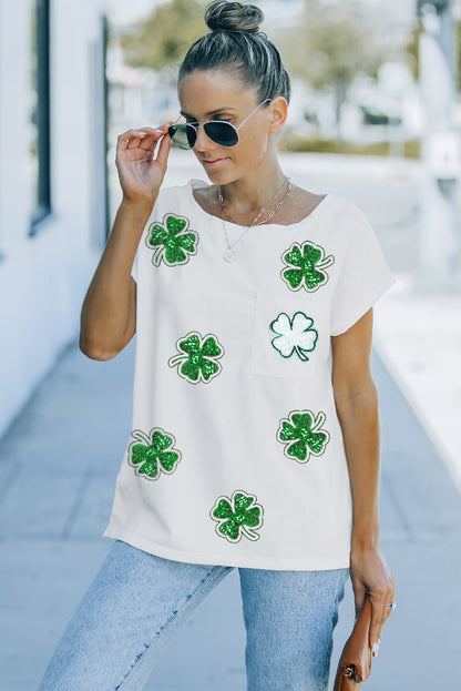 White Sequin St Patrick Clover Patch Pocket Loose Tee | white