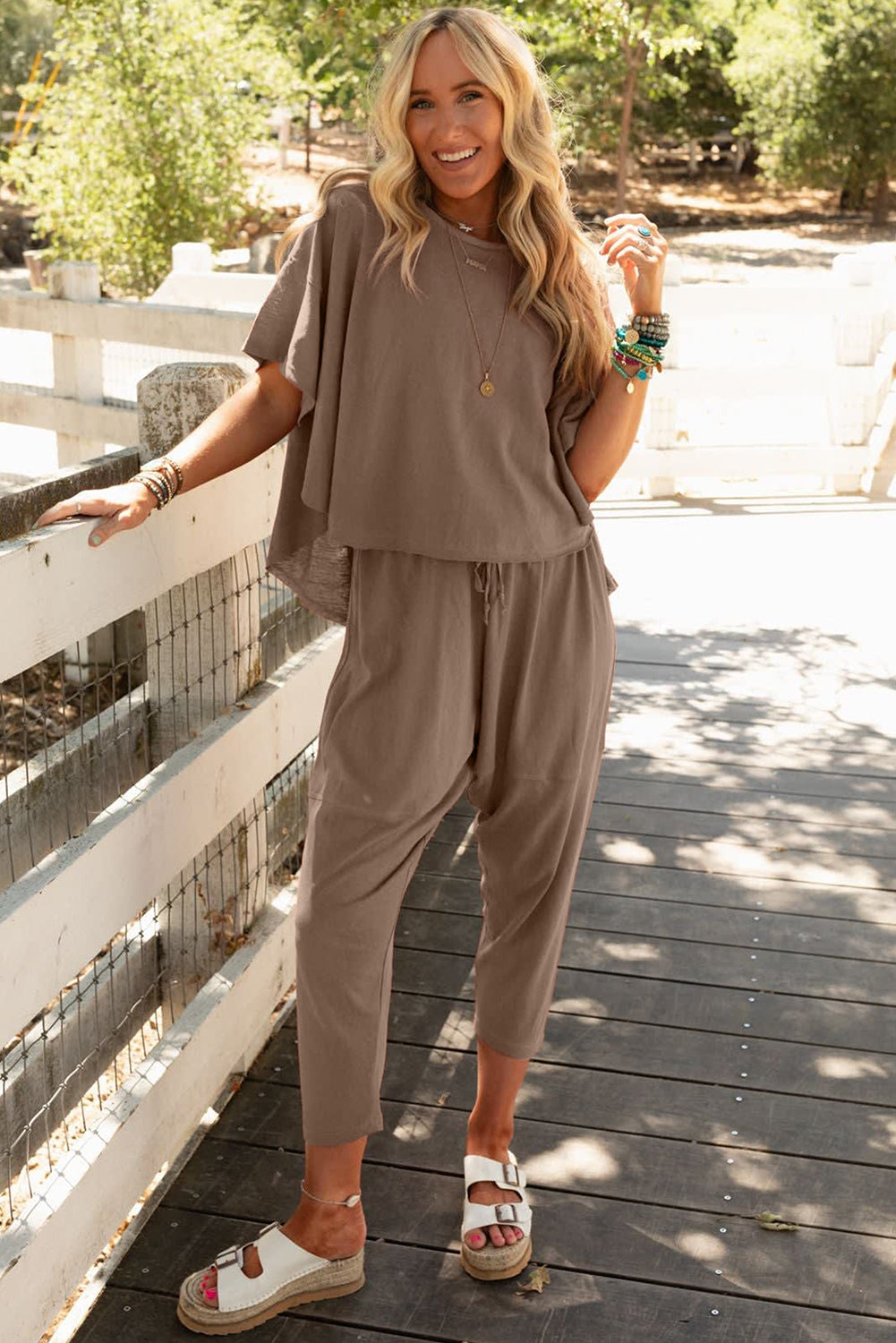 High Low Boxy Fit Tee And Crop Pants Set | Simply Taupe