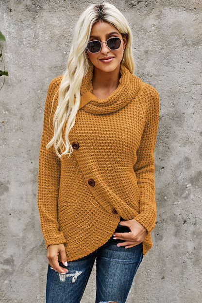 Mustard Buttoned Wrap Turtleneck Sweater | Yellow